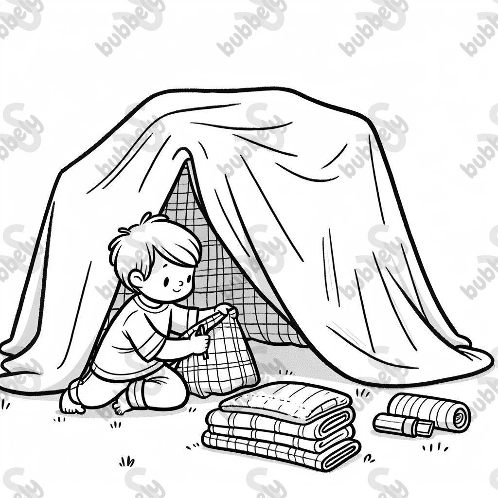 Un garçon construit un fort en couverture.