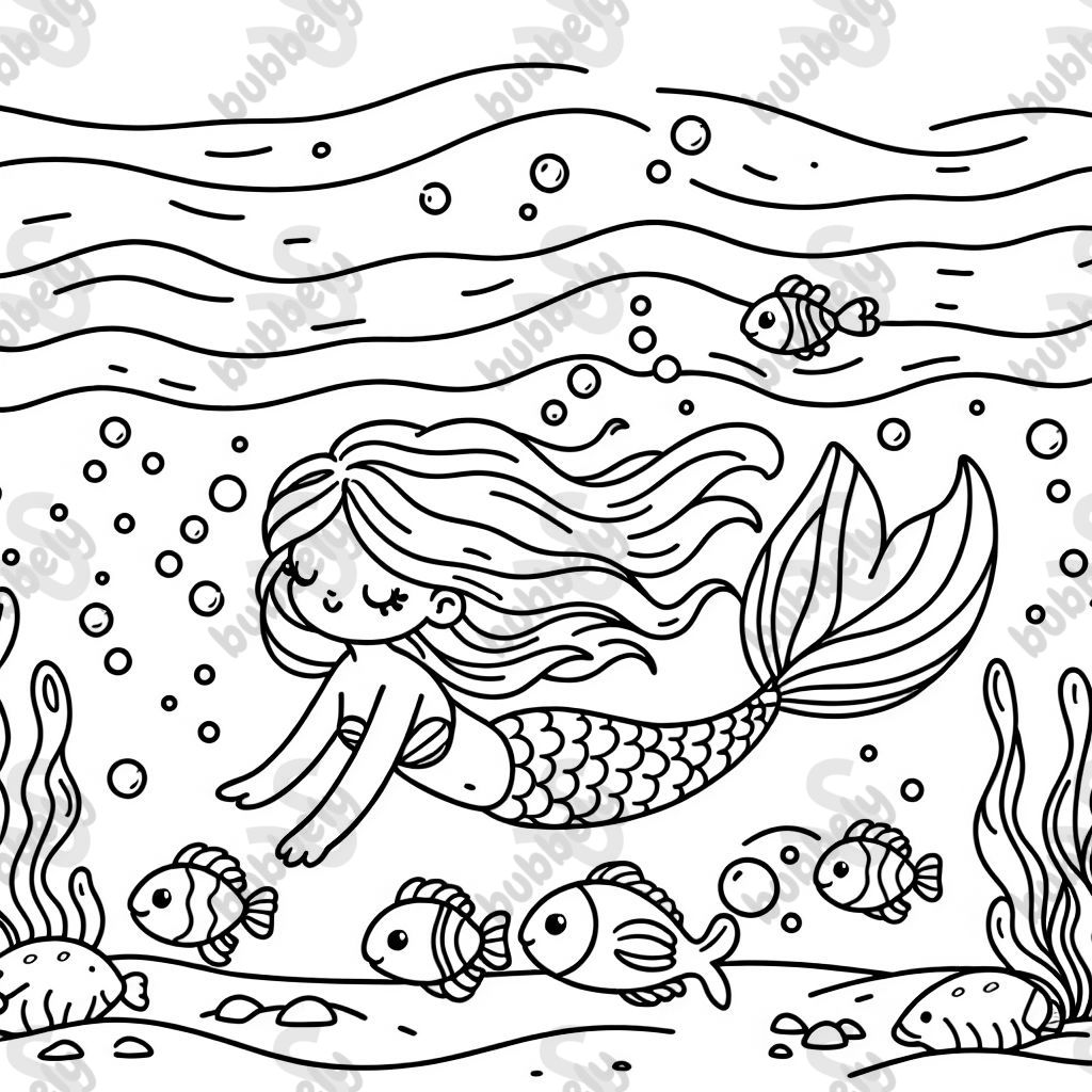 Mermaid swimming with fish underwater in the sea