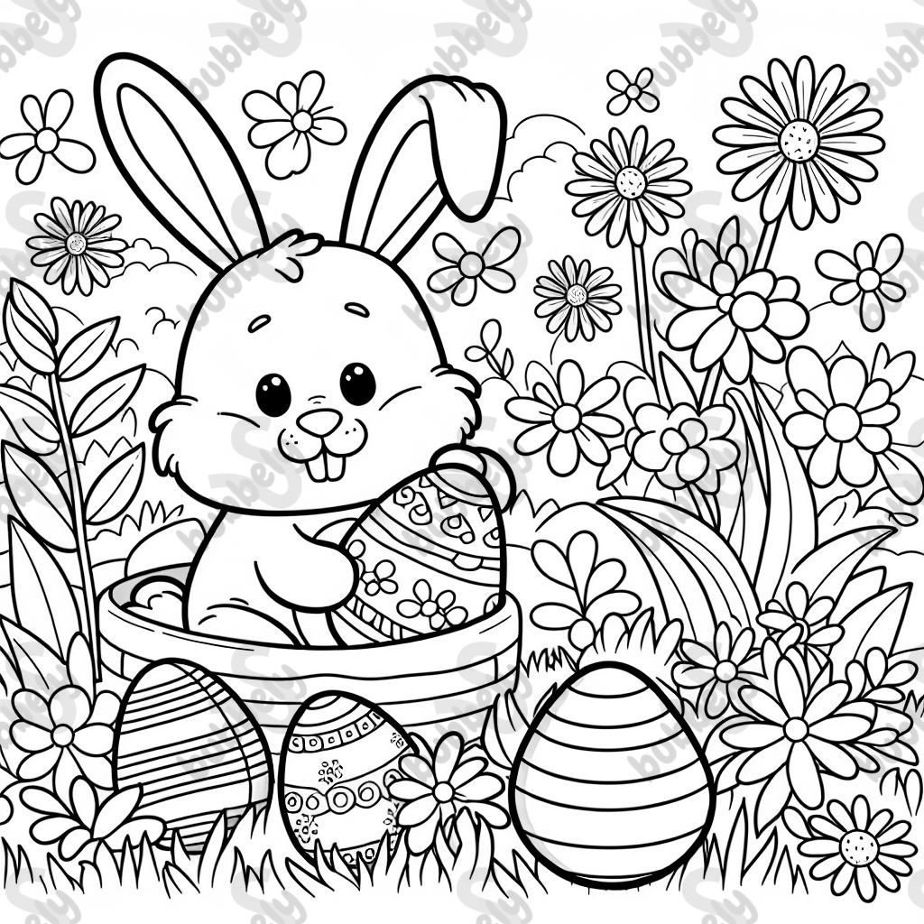 A Easter bunny on a flower meadow with hidden Easter eggs