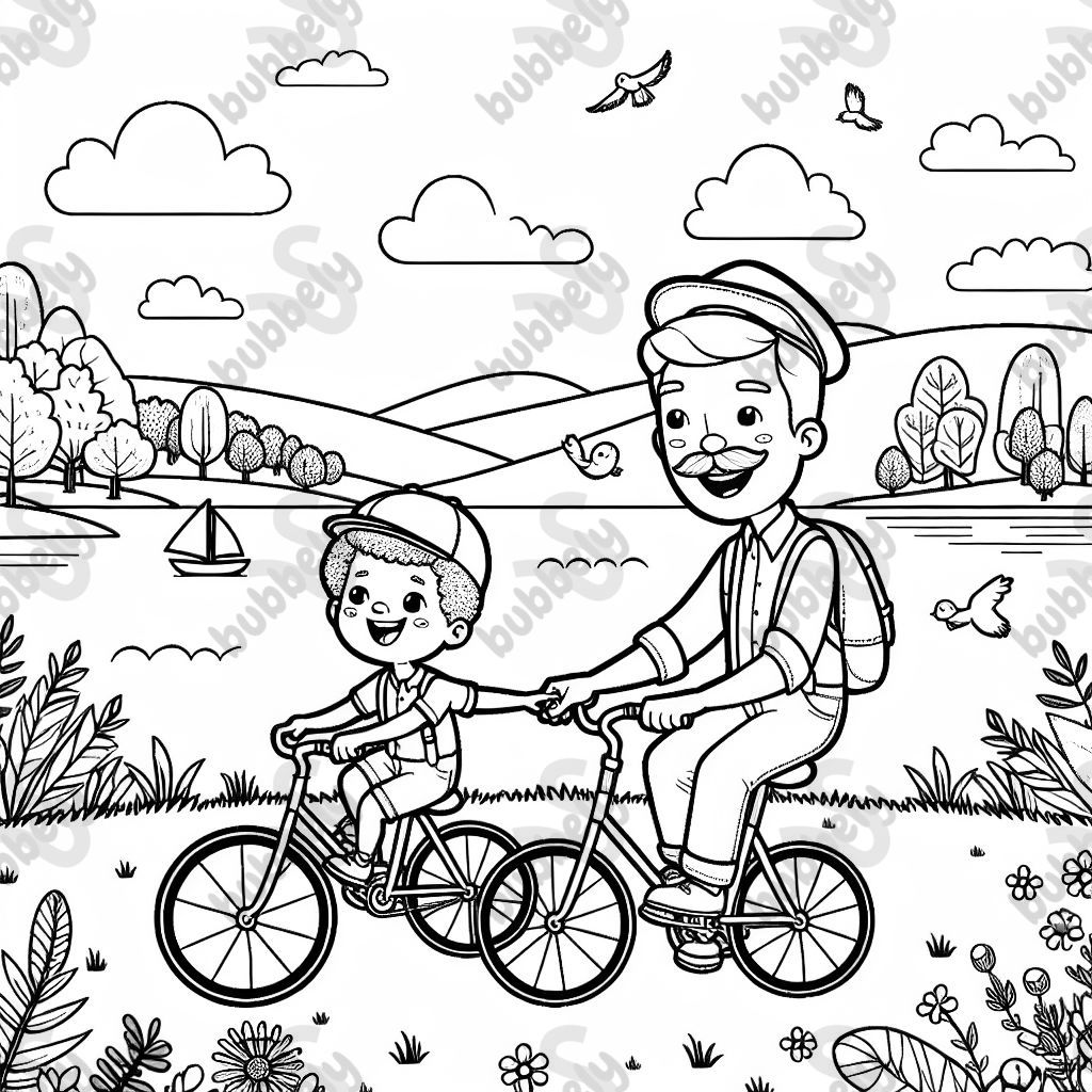 Dad and son ride a bike together to the lake and enjoy nature.