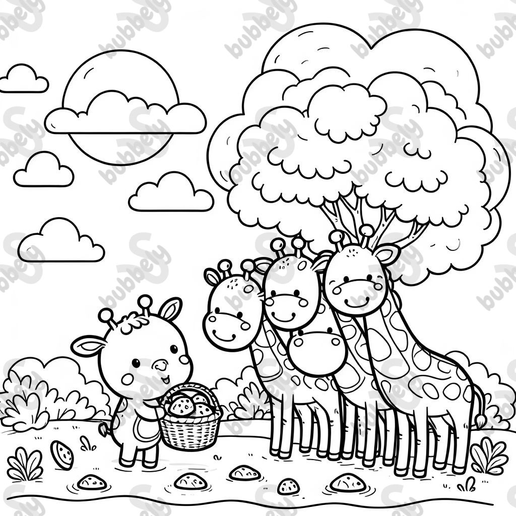 Une petite girafe, mangeant des biscuits avec quatre grandes girafes.