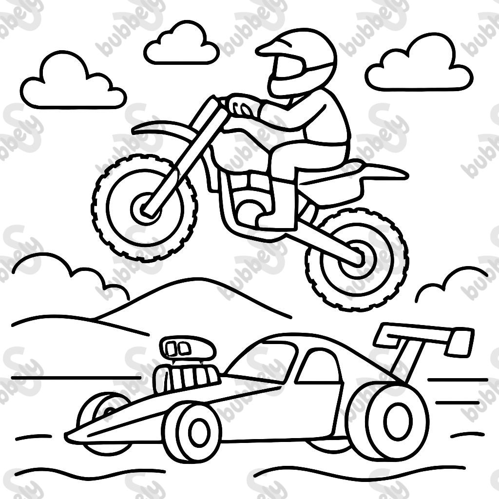 Ein Motocross-Motorrad springt über die Bahn eines Drag-Race-Autos Ein Motocross-Motorrad springt über die Bahn eines Drag-Race-Autos