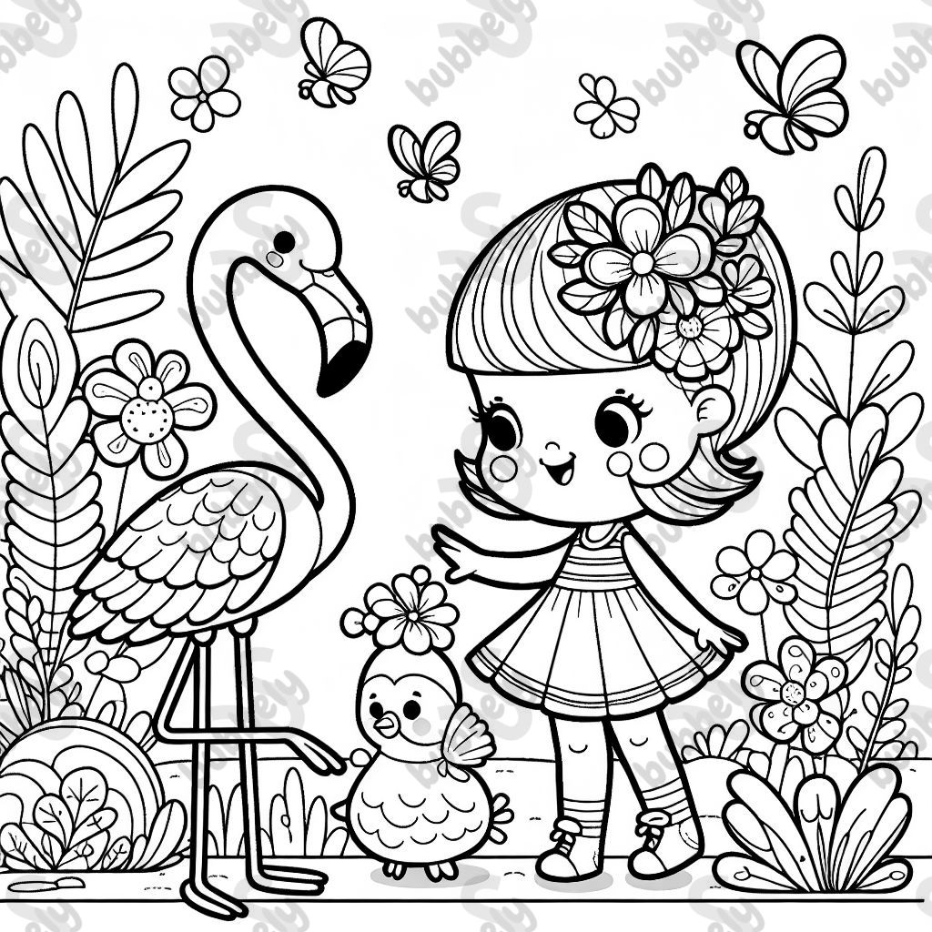 A little girl with a flamingo. A little girl with a flamingo.