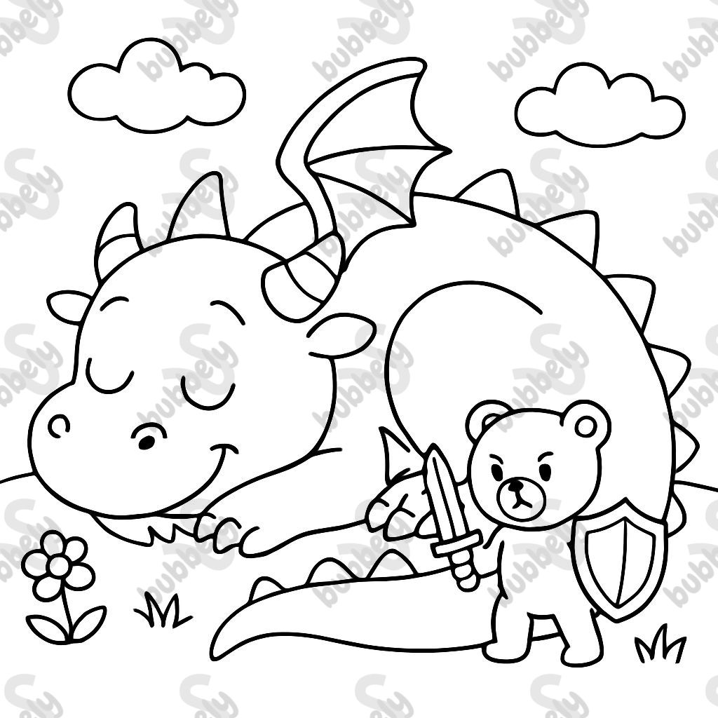 Un dragón con un pequeño oso de peluche actuando como su defensor mientras duerme. Un dragón con un pequeño oso de peluche actuando como su defensor mientras duerme.