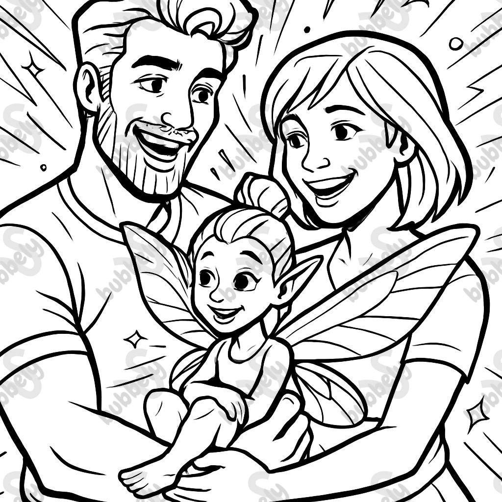 ein junges Paar, bestehend aus einem Mann mit vollem Haar und Bart und einer Frau mit mittellangen Haaren. Die beiden halten eine kleine Elfe im Arm. Alle lächeln sich an. ein junges Paar, bestehend aus einem Mann mit vollem Haar und Bart und einer Frau mit mittellangen Haaren. Die beiden halten eine kleine Elfe im Arm. Alle lächeln sich an.