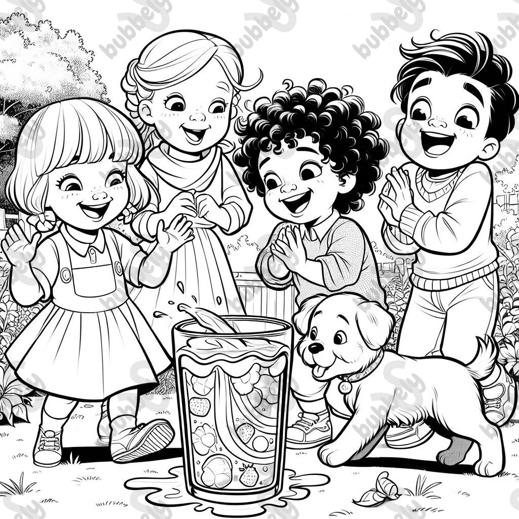Create a line art illustration of Esila and her brothers laughing at a garden table. Several colorful jelly glasses are on the table, one of which has tipped over, and the jelly is wobbling out in slow motion. Bello, the dog, looks astonished at the wobbling jelly. Esila, Can, and Leo are laughing and looking at the 'wobble masterpiece.' The scene should be cheerful and lively, with clear outlines and plenty of areas for coloring. Create a line art illustration of Esila and her brothers laughing at a garden table. Several colorful jelly glasses are on the table, one of which has tipped over, and the jelly is wobbling out in slow motion. Bello, the dog, looks astonished at the wobbling jelly. Esila, Can, and Leo are laughing and looking at the 'wobble masterpiece.' The scene should be cheerful and lively, with clear outlines and plenty of areas for coloring.