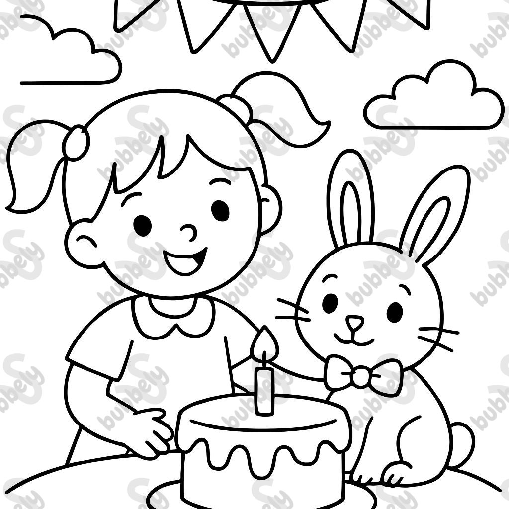 Girl with pigtails with a bunny that wears a bow at a birthday party with cake and balloons Girl with pigtails with a bunny that wears a bow at a birthday party with cake and balloons