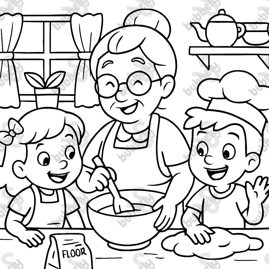 Abuela cocinando con su nieto y nieta Abuela cocinando con su nieto y nieta