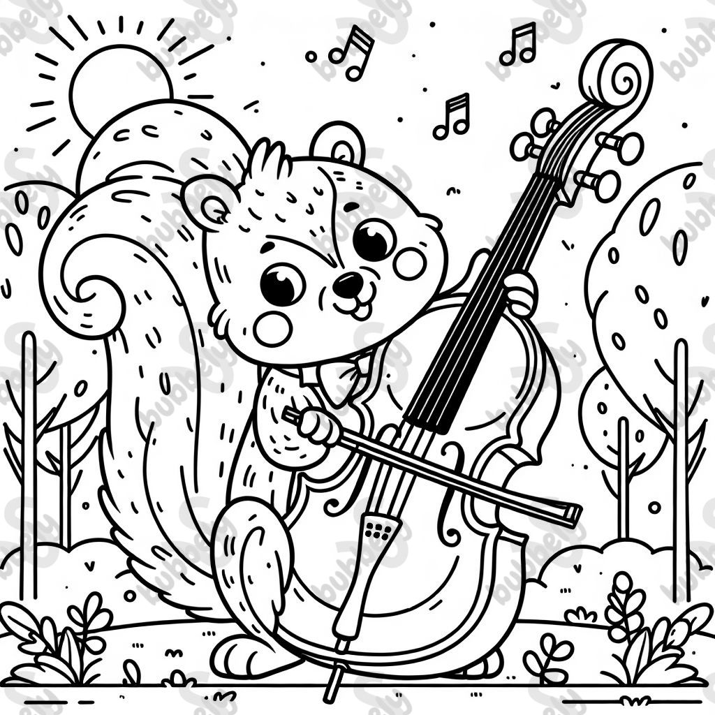 Ein Eichhörnchen, das Cello spielt und den Bogen korrekt hält, ist ein kreatives und lustiges Motiv für eine Malvorlage. Ein Eichhörnchen, das Cello spielt und den Bogen korrekt hält, ist ein kreatives und lustiges Motiv für eine Malvorlage.