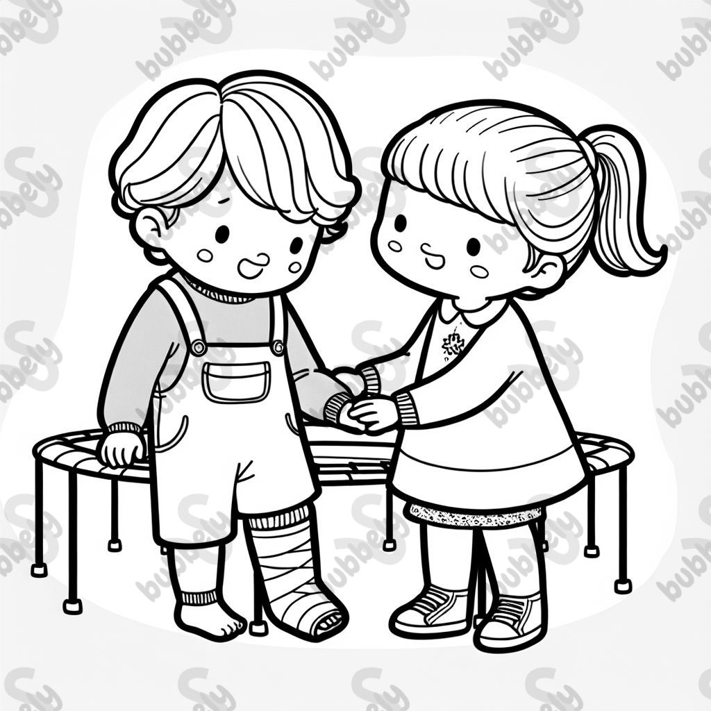 Une fille de deux ans avec des cheveux aux épaules dans un plâtre à la jambe droite réconfortée par une fillette de cinq ans avec une queue de cheval, avec un trampoline en arrière-plan Une fille de deux ans avec des cheveux aux épaules dans un plâtre à la jambe droite réconfortée par une fillette de cinq ans avec une queue de cheval, avec un trampoline en arrière-plan