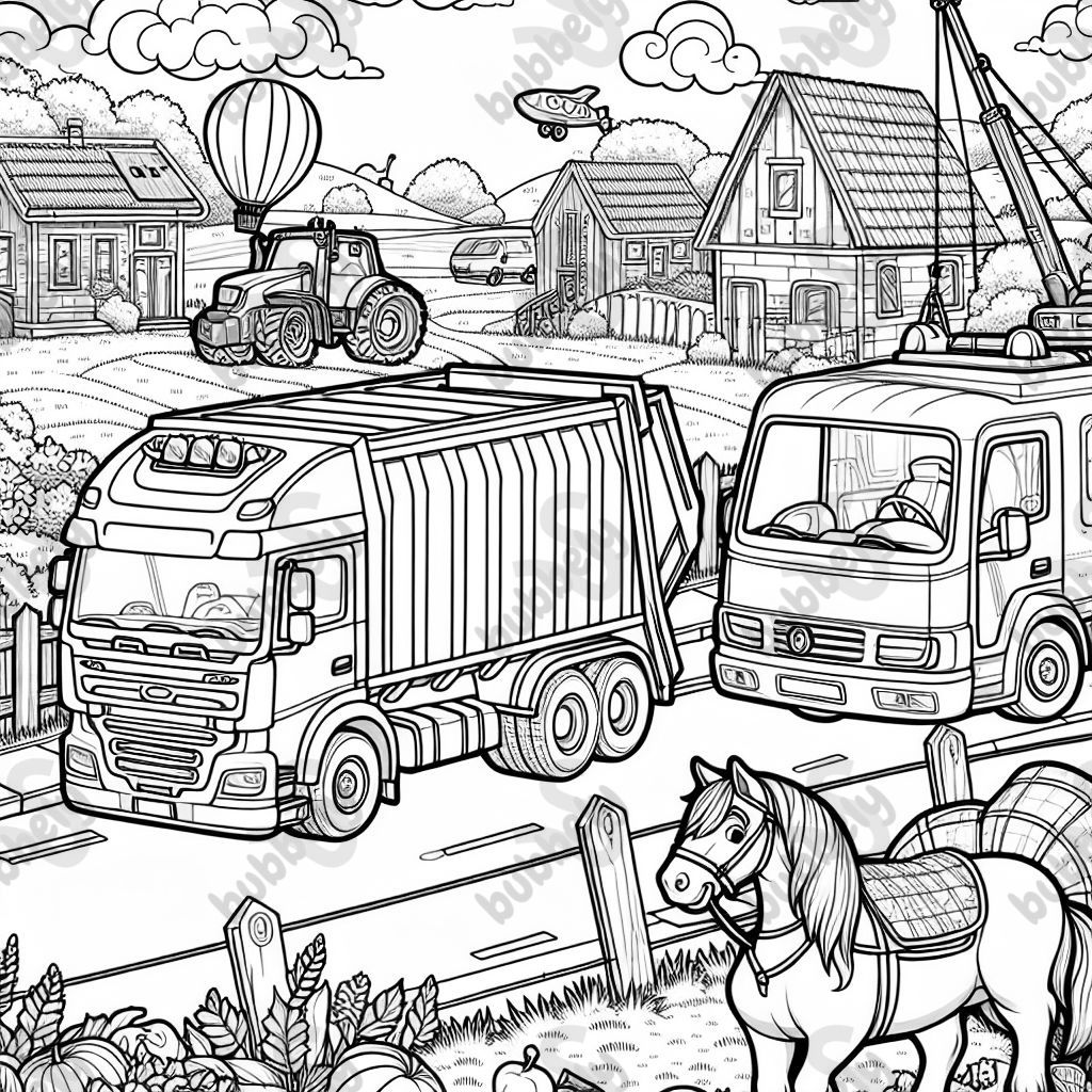 ein Wimmelbild zum Ausmalen für Kinder in der ersten Klasse zum Thema Fahrzeuge. Auf dem Bild sollen ein Müllwagen, ein Lastwagen und eine moderne Pferdekutsche auf der Straße eines Dorfs fahren. Ein Wohnwagen steht auf einer angrenzenden Wiese. Ein Kran arbeitet auf einer Baustelle. Ein Heißluftballon fliegt am Himmel. ein Wimmelbild zum Ausmalen für Kinder in der ersten Klasse zum Thema Fahrzeuge. Auf dem Bild sollen ein Müllwagen, ein Lastwagen und eine moderne Pferdekutsche auf der Straße eines Dorfs fahren. Ein Wohnwagen steht auf einer angrenzenden Wiese. Ein Kran arbeitet auf einer Baustelle. Ein Heißluftballon fliegt am Himmel.