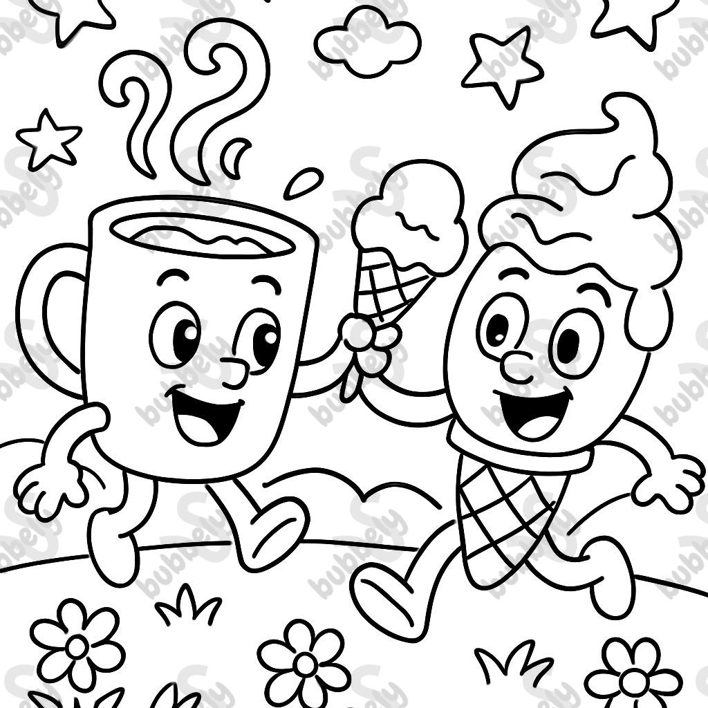 Chocolat chaud et glace près d'un pré avec des fleurs et des étoiles dans le ciel Chocolat chaud et glace près d'un pré avec des fleurs et des étoiles dans le ciel