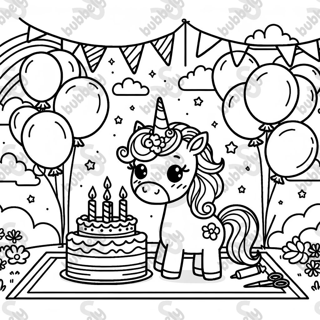 Ein Gruppenbild mit einem Einhorn auf einem Geburtstag, umgeben von bunten Ballons.