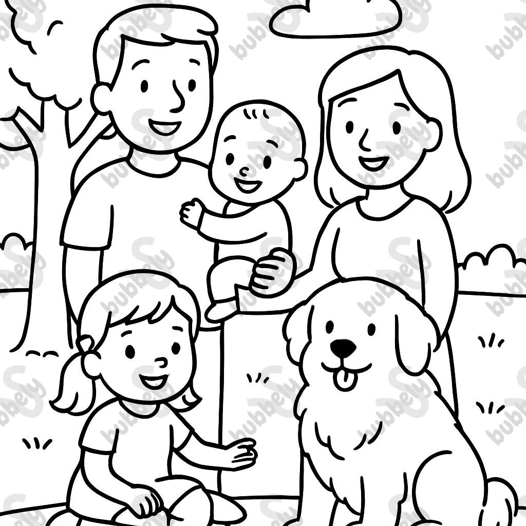 A family with a mom, dad, 4 year old girl, 1 year old boy and a fluffy great Pyrenees. A family with a mom, dad, 4 year old girl, 1 year old boy and a fluffy great Pyrenees.