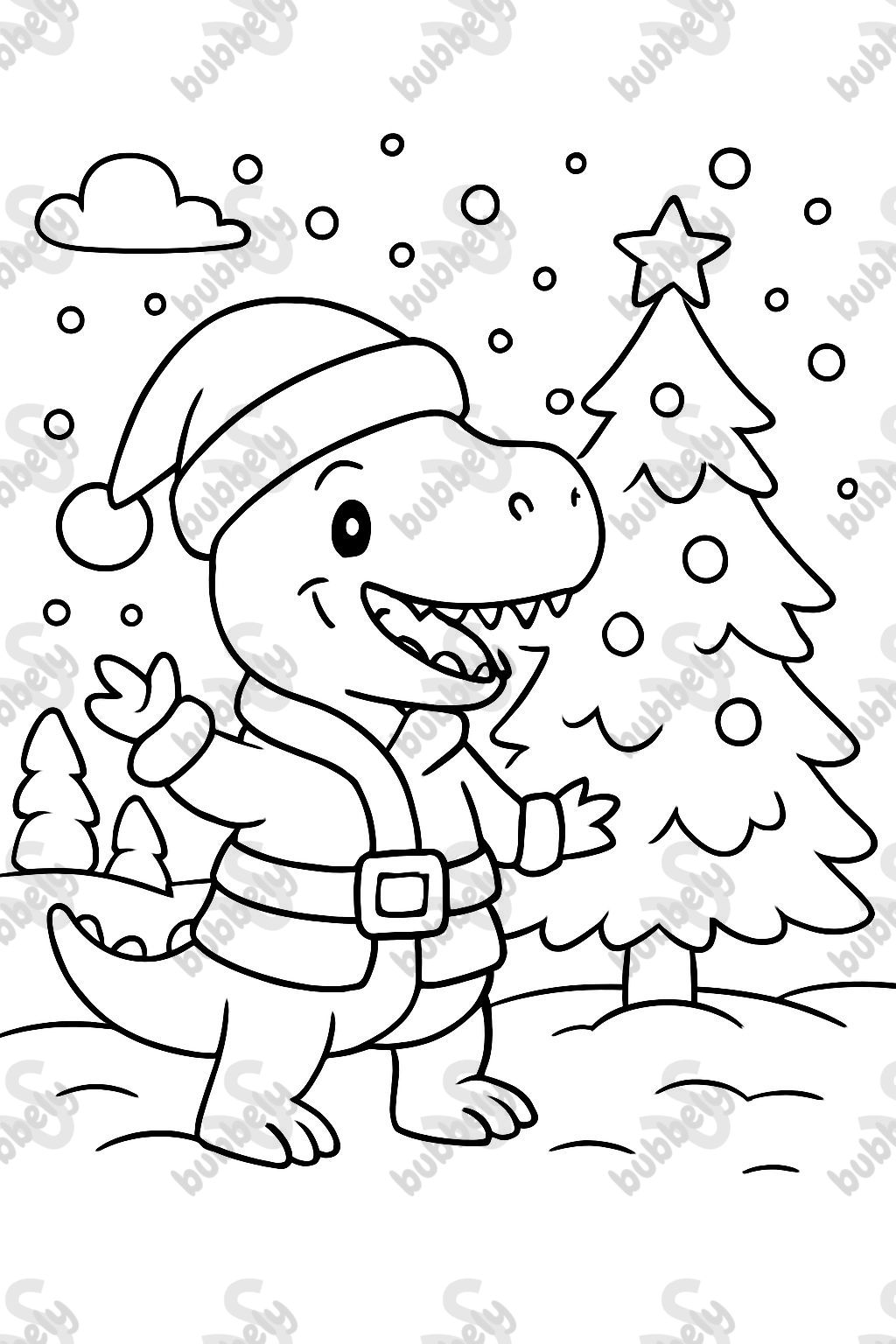 a dinosaur as Santa Claus in the snow with a tree a dinosaur as Santa Claus in the snow with a tree