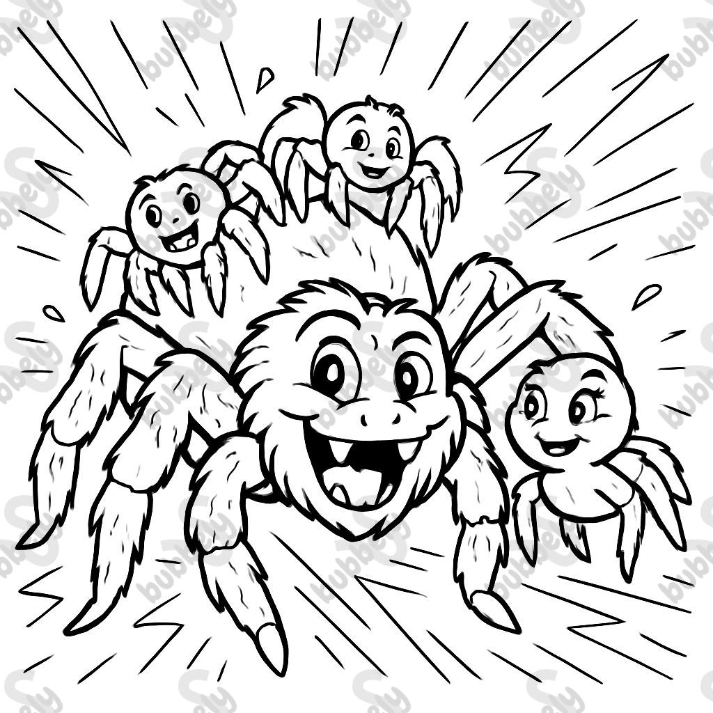 a family of tarantulas. The dad is big with hairy legs, the mom is standing to his right, and the two little spiders are on dad's body. a family of tarantulas. The dad is big with hairy legs, the mom is standing to his right, and the two little spiders are on dad's body.