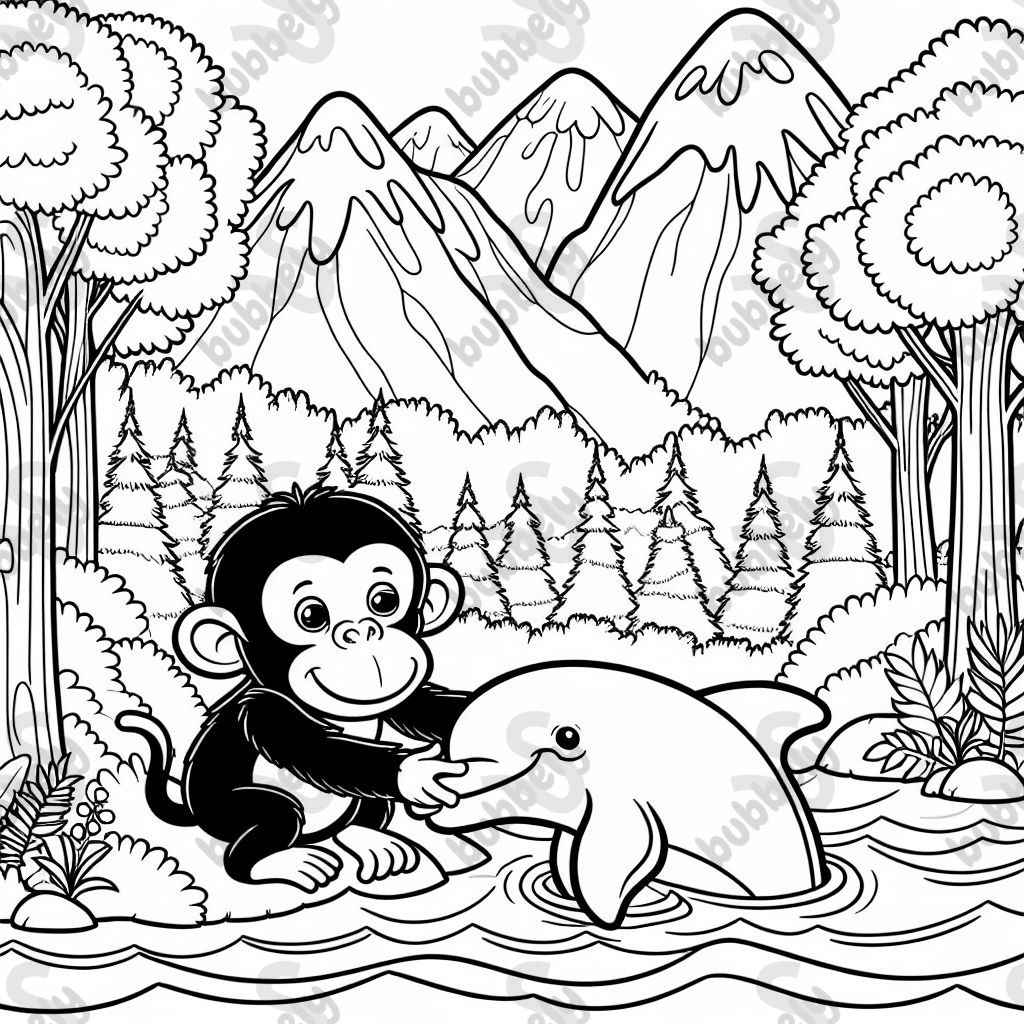 Mama Schimpanse rettet einen Delfin im Gebirge bei einem Baum Mama Schimpanse rettet einen Delfin im Gebirge bei einem Baum