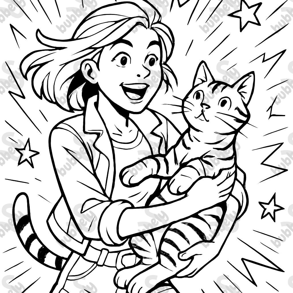 Eine junge Frau, die eine getigerte Katze hält. Eine junge Frau, die eine getigerte Katze hält.