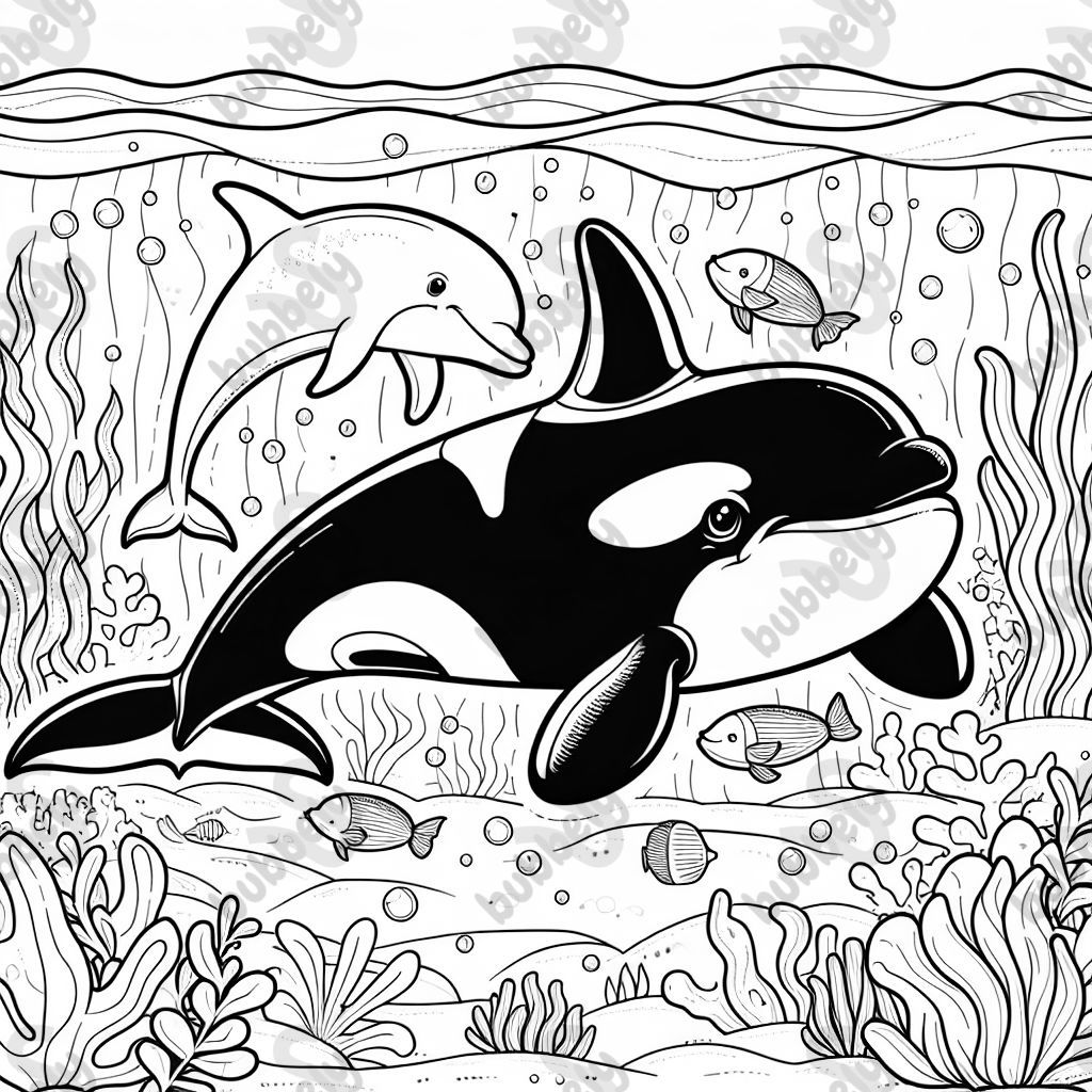 Schwertwal und Delfin schwimmen