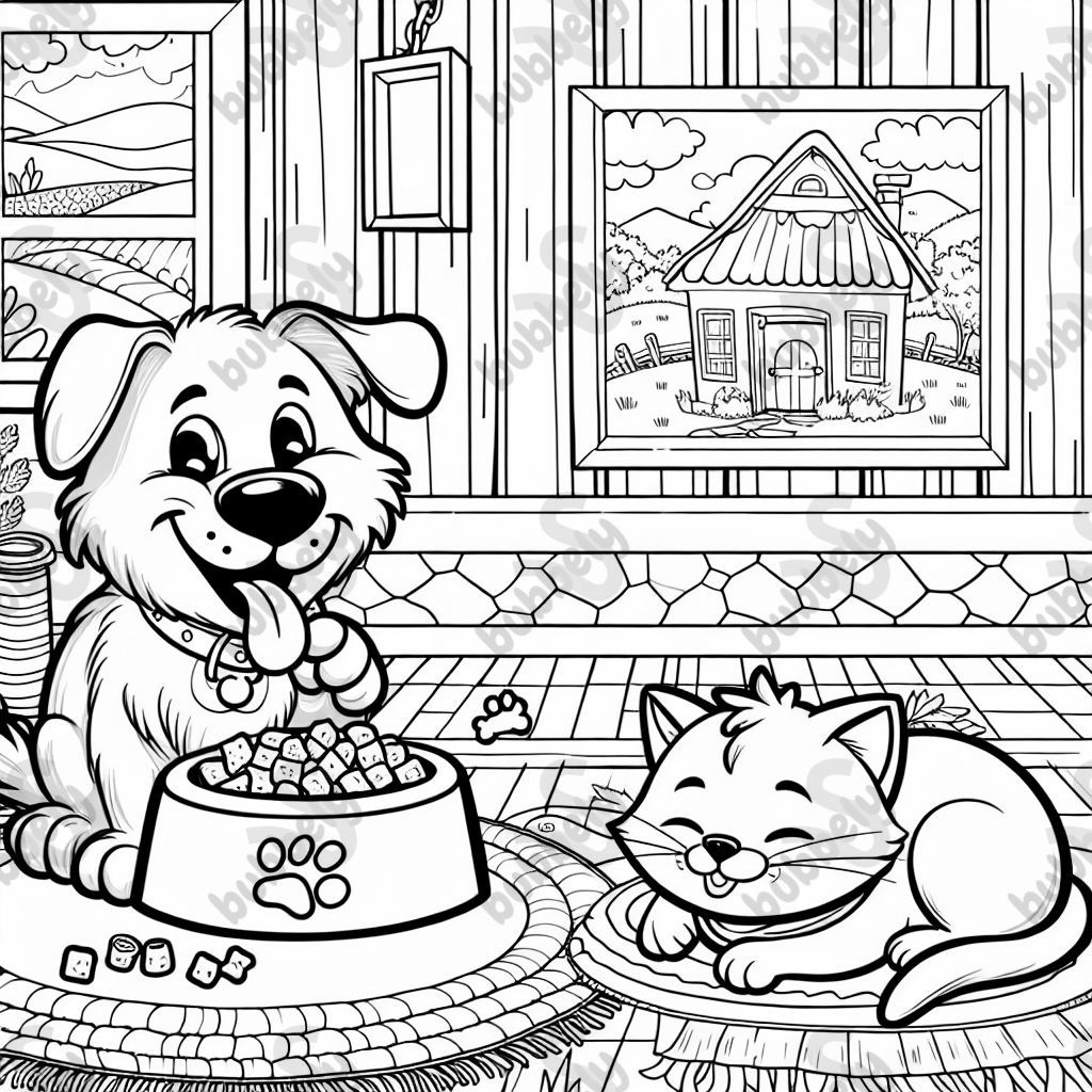 Un chien mange des croquettes tandis qu'un chat fait la sieste dans une maison. Un chien mange des croquettes tandis qu'un chat fait la sieste dans une maison.