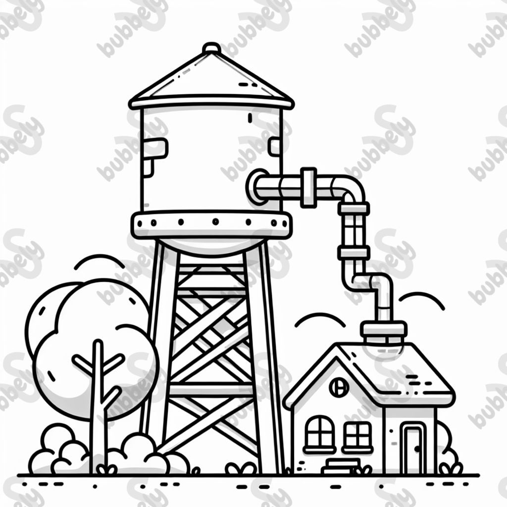 Una torre de agua con una tubería que sale de ella. Una torre de agua con una tubería que sale de ella.