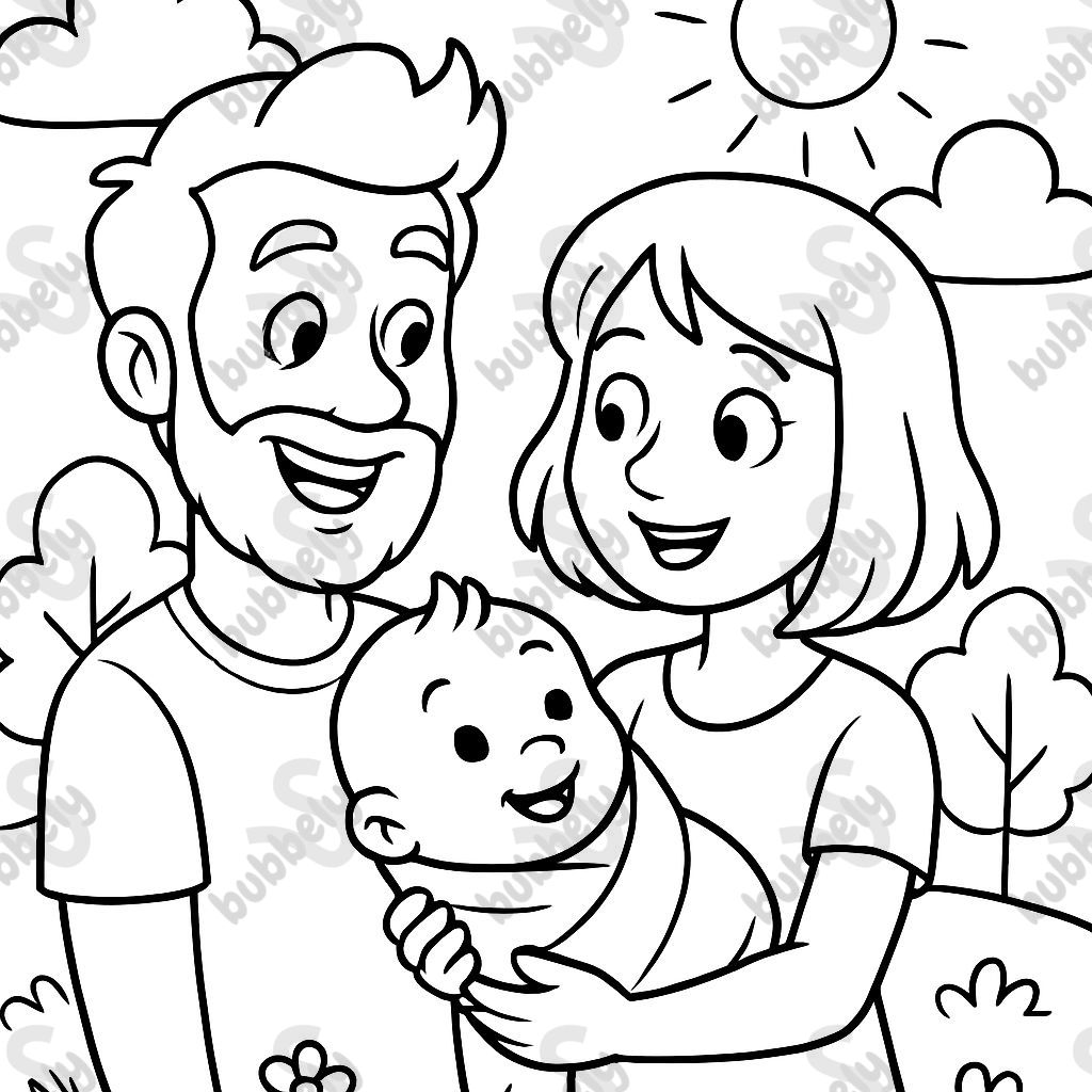 einen Mann mit vollem Haar und Bart, eine junge Frau mit mittellangen Haaren und beide schauen auf ein Baby, welches die Frau im Arm hält. Alle lächeln sich an. einen Mann mit vollem Haar und Bart, eine junge Frau mit mittellangen Haaren und beide schauen auf ein Baby, welches die Frau im Arm hält. Alle lächeln sich an.