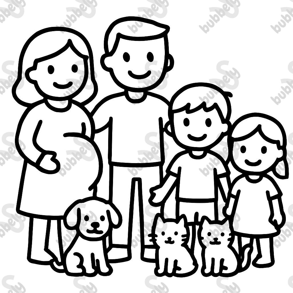 A family with a pregnant mom, dad, big boy, girl, a puppy, and two cats. A family with a pregnant mom, dad, big boy, girl, a puppy, and two cats.