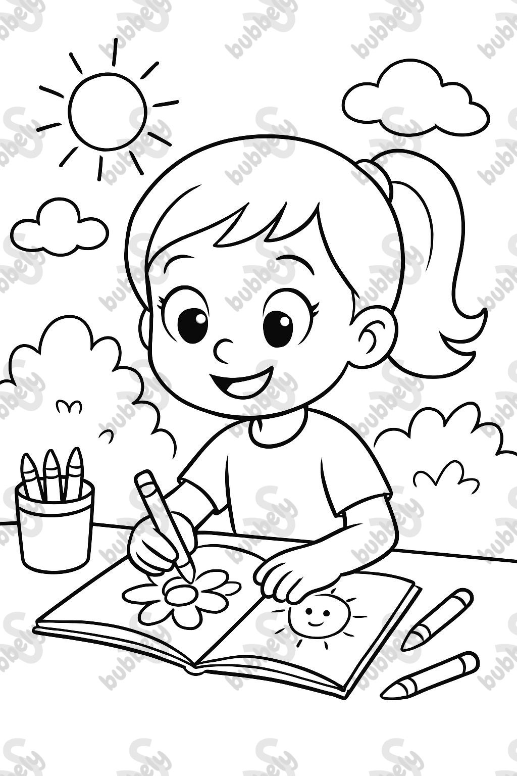 Fille de 6 ans avec une queue de cheval coloriant calmement. Fille de 6 ans avec une queue de cheval coloriant calmement.