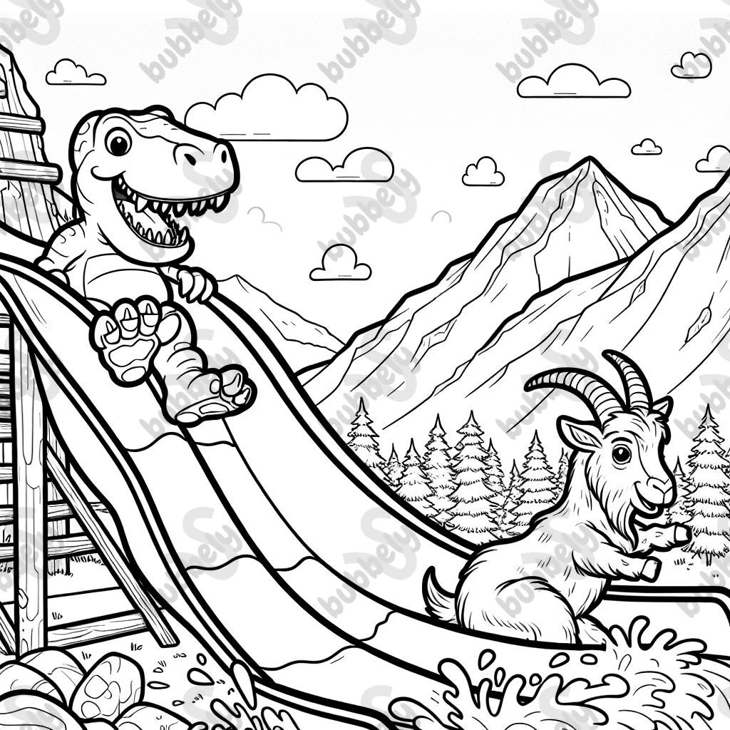 T-Rex and mountain goat going down waterslide
