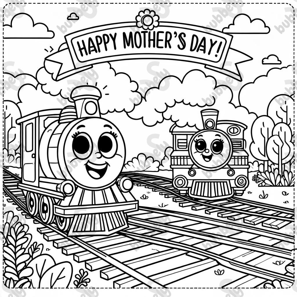 Un tren grande y un tren pequeño con el texto en la parte superior que dice ¡Feliz Día de la Madre! Un tren grande y un tren pequeño con el texto en la parte superior que dice ¡Feliz Día de la Madre!
