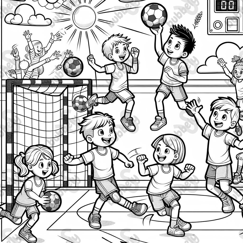 Als Künstler für Kinder-Ausmalbilder hilf mir, ein detailliertes Ausmalbild zu erstellen. Das Motiv sollte Handball darstellen und so gestaltet sein, dass es spannend zum Ausmalen ist, mit verschiedenen Flächen und Formen. Halte die Linien klar und einfach für Kinder, und füge kleine Details hinzu, die das Thema lebendig machen.