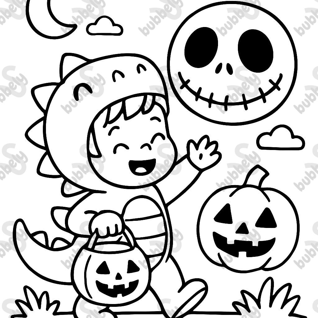 Ein kleiner Junge, der Halloween feiert, verkleidet als Dinosaurier, mit Jack Skellington. Ein kleiner Junge, der Halloween feiert, verkleidet als Dinosaurier, mit Jack Skellington.