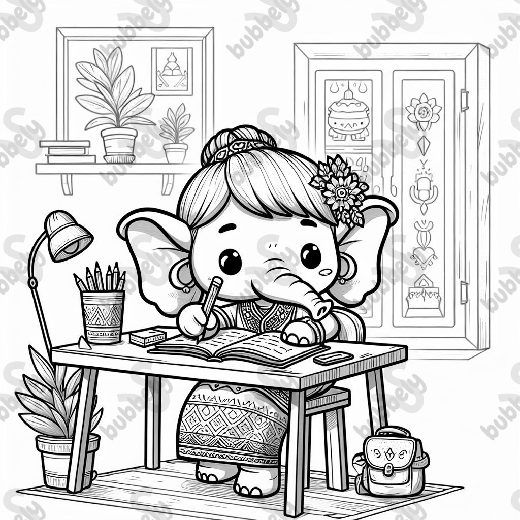 Ein Mädchen was aussieht wie ein Elefant was Hausaufgaben macht