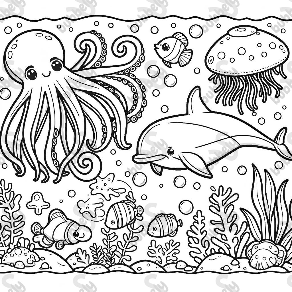 a scene with an octopus, a jellyfish, a blowfish, a clownfish and a dolphin a scene with an octopus, a jellyfish, a blowfish, a clownfish and a dolphin