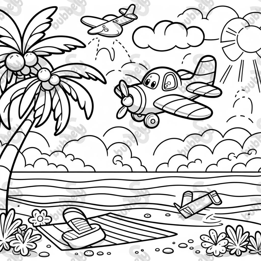 a beach with palm trees and an airplane flying in the sky above a beach with palm trees and an airplane flying in the sky above