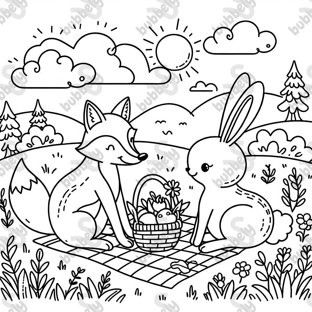 Un renard faisant un pique-nique avec un lapin. Un renard faisant un pique-nique avec un lapin.