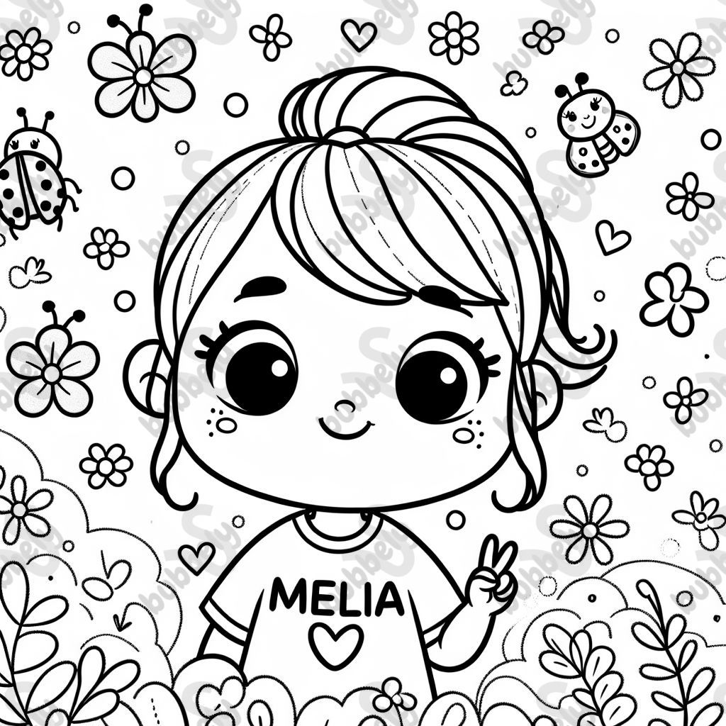 A five-year-old girl with a ponytail wearing a t-shirt that says MELIA, with flowers and ladybugs in the background. A five-year-old girl with a ponytail wearing a t-shirt that says MELIA, with flowers and ladybugs in the background.