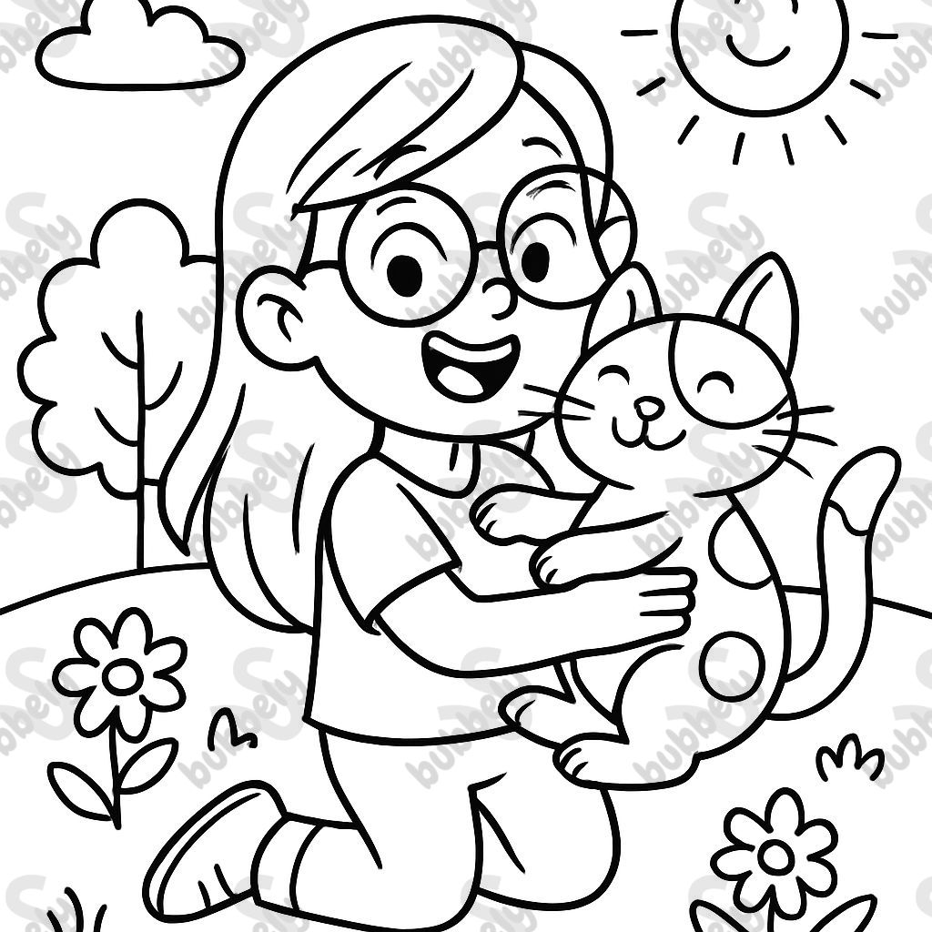 A girl with glasses and long hair holding a white cat with grey spots. A girl with glasses and long hair holding a white cat with grey spots.