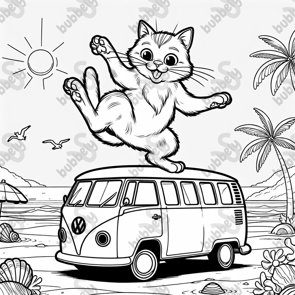 a cat dancing on a volkswagen van by the beach a cat dancing on a volkswagen van by the beach