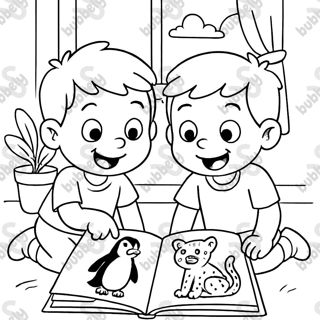 Des jumeaux regardant un album de pingouins et de guépards. Des jumeaux regardant un album de pingouins et de guépards.