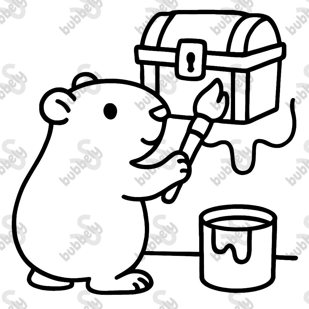 Un cobayo pinta un cofre del tesoro en una pared. Un cobayo pinta un cofre del tesoro en una pared.