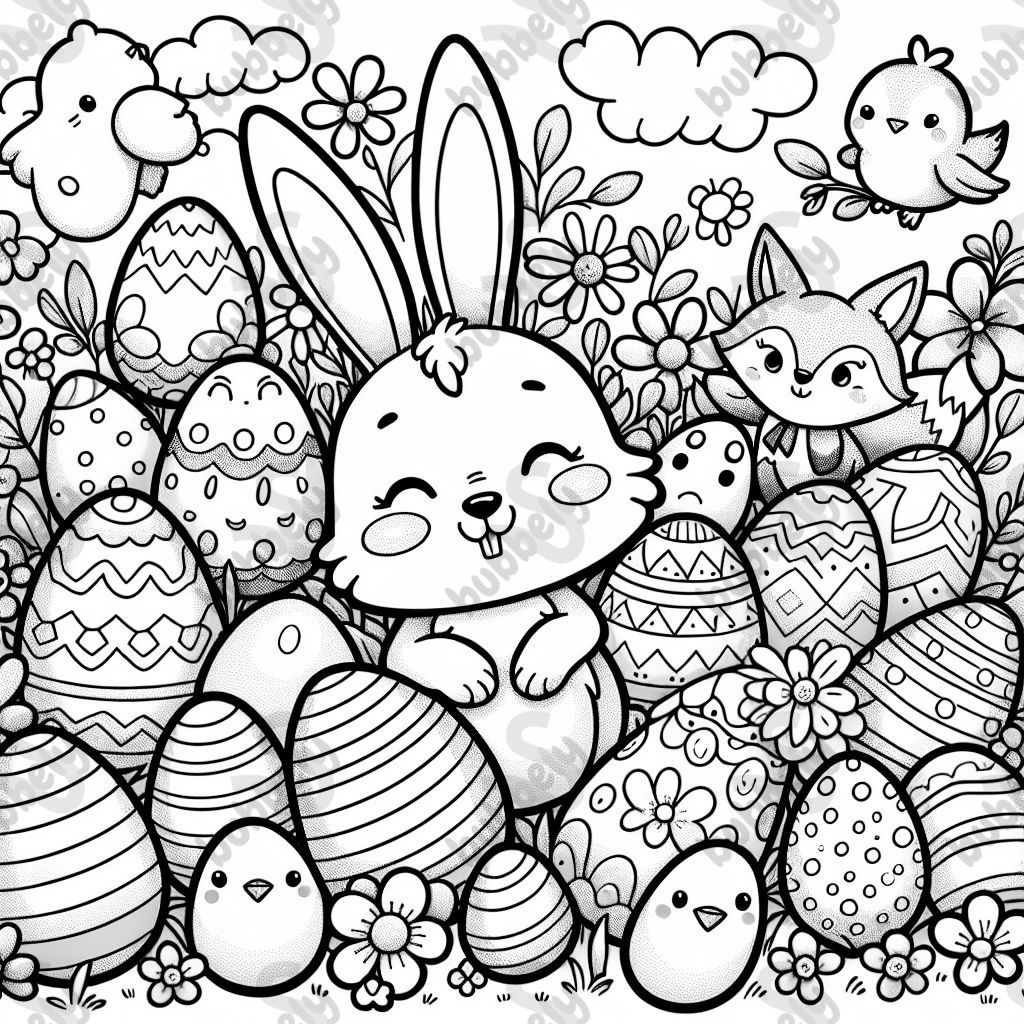 Easter bunny with many colorful Easter eggs, lots of little chicks, a fox, and a frog Easter bunny with many colorful Easter eggs, lots of little chicks, a fox, and a frog