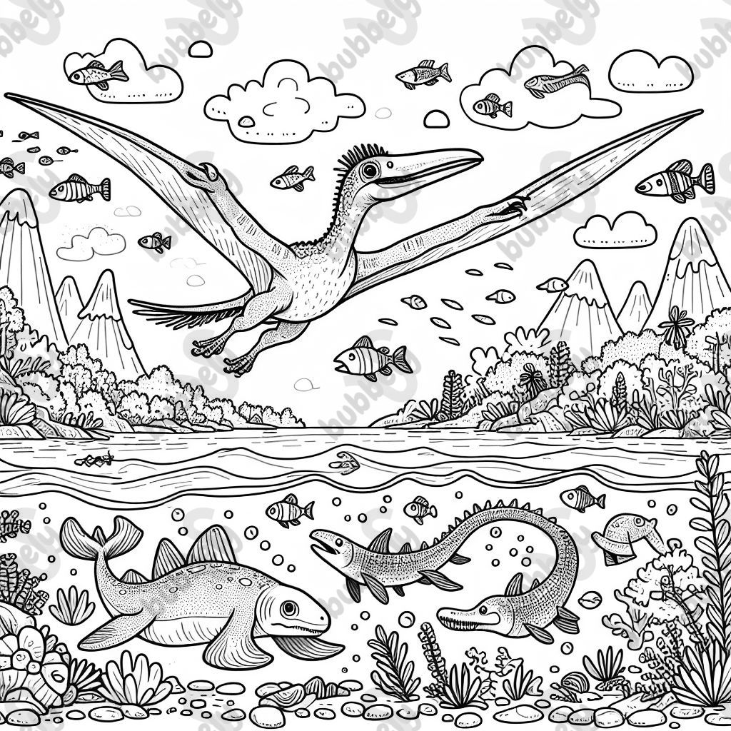 einen Pteranodon, der übers Meer fliegt, in dem ein Plesiosaurus und verschiedene Fische schwimmen