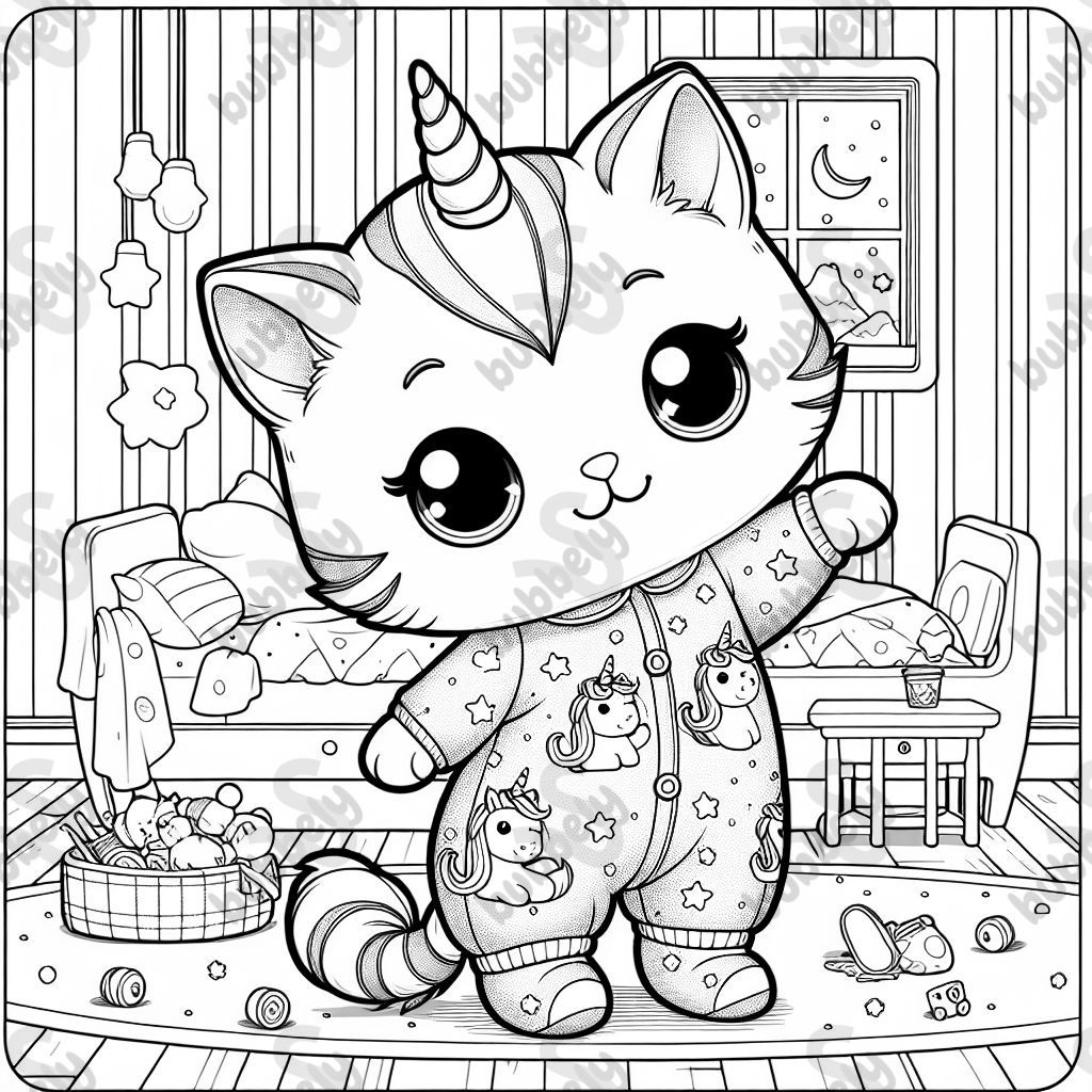 Un gatito en pijamas de unicornio.