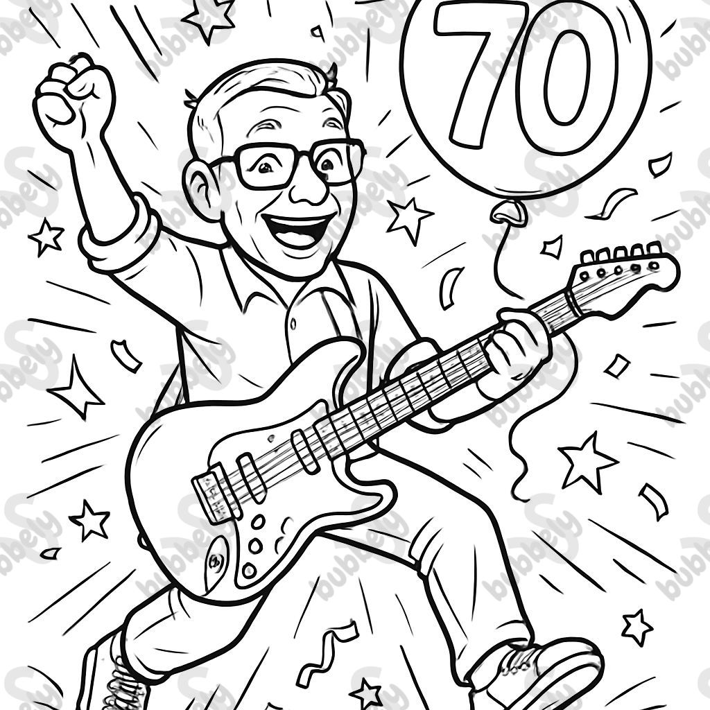 An older man is playing guitar and celebrating his 70th birthday, he is wearing glasses. An older man is playing guitar and celebrating his 70th birthday, he is wearing glasses.