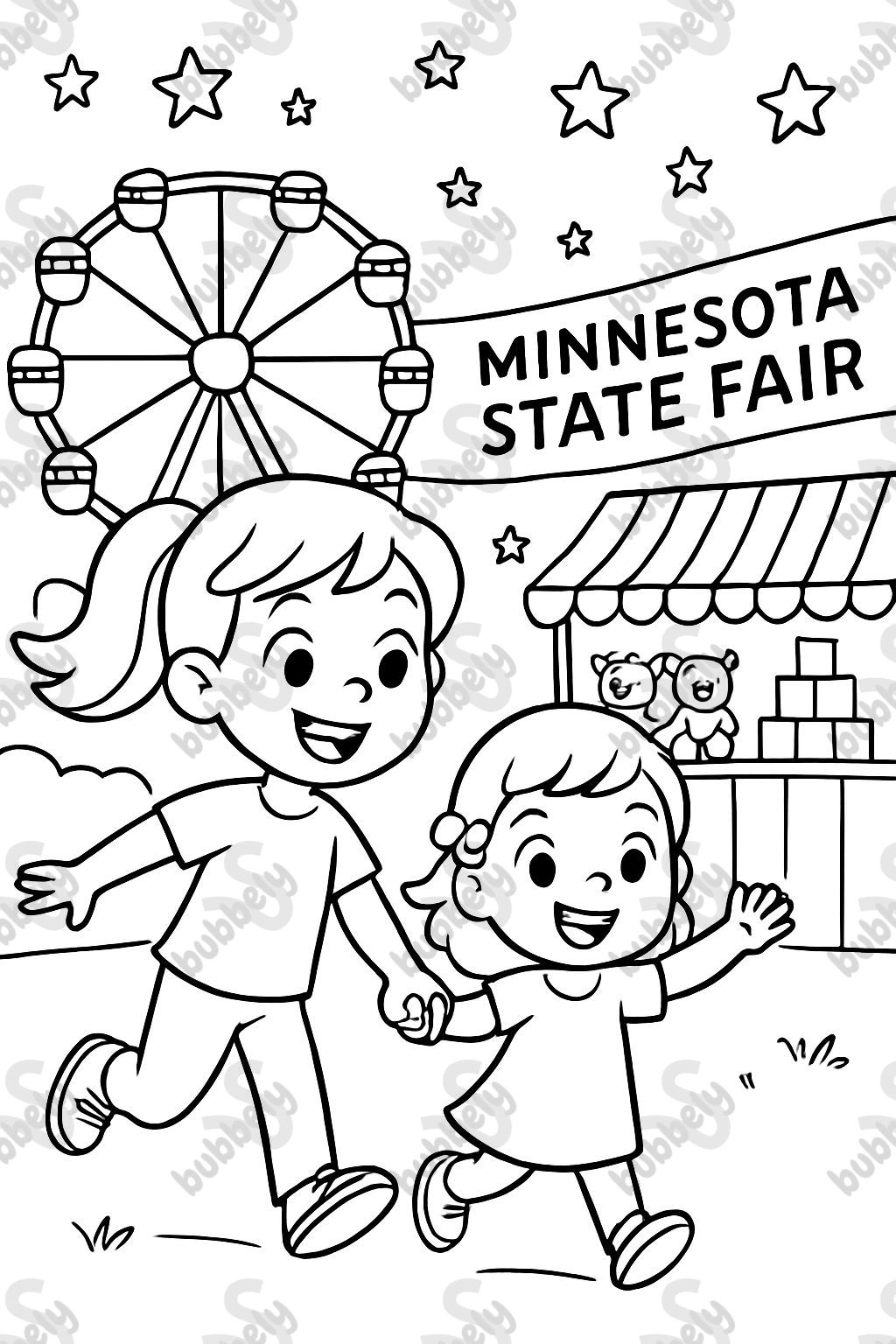 Niña de 6 años con una coleta y su hermanita caminando en la feria estatal de Minnesota. Hay una noria y puestos de juguetes y una pancarta que dice feria estatal de Minnesota. Hazlo de noche con estrellas en el cielo. Niña de 6 años con una coleta y su hermanita caminando en la feria estatal de Minnesota. Hay una noria y puestos de juguetes y una pancarta que dice feria estatal de Minnesota. Hazlo de noche con estrellas en el cielo.