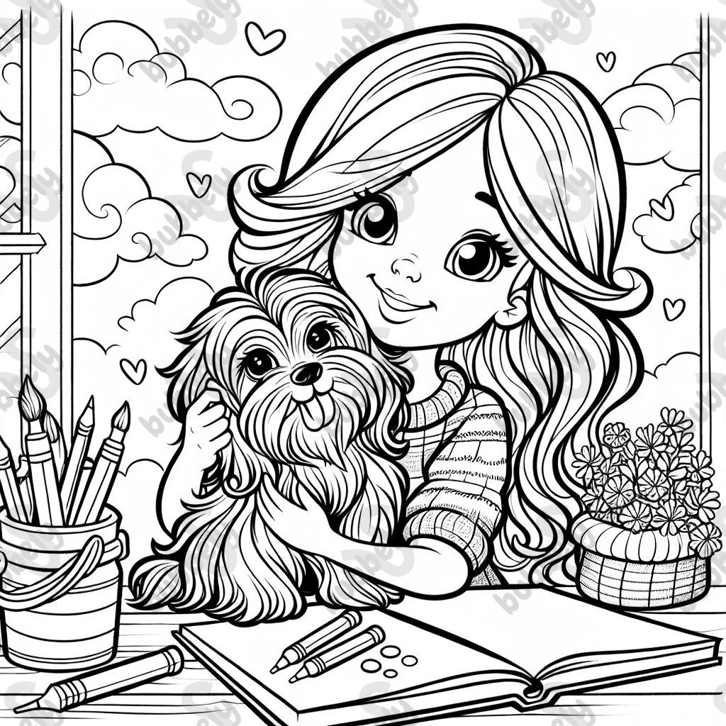 eine junge Frau mit schulterlangen Haaren, die mit ihrem kleinen, langhaarigen Hund kuschelt eine junge Frau mit schulterlangen Haaren, die mit ihrem kleinen, langhaarigen Hund kuschelt