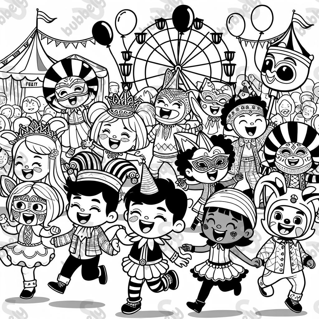 Page à colorier avec des thèmes de carnaval colorés pour les enfants. Page à colorier avec des thèmes de carnaval colorés pour les enfants.