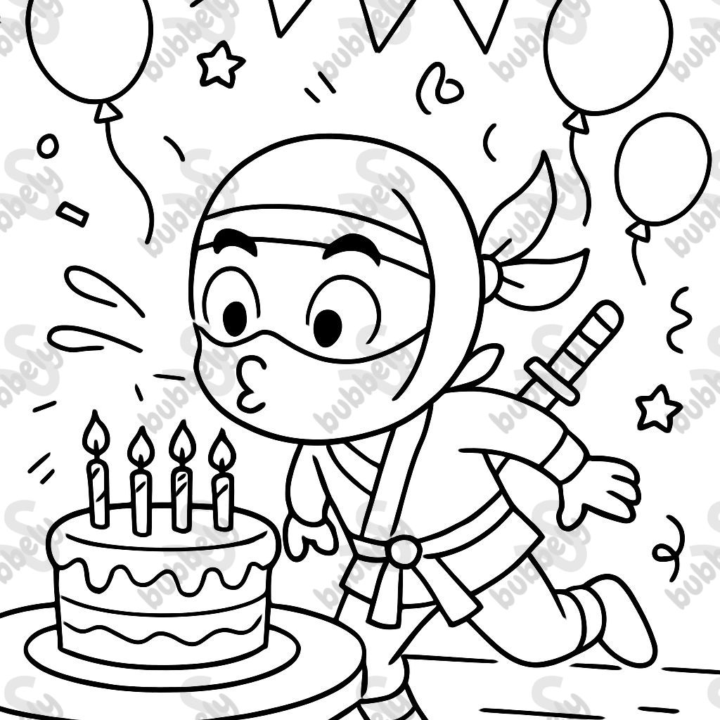 Ninja bläst Kerzen auf einer Geburtstagstorte Ninja bläst Kerzen auf einer Geburtstagstorte