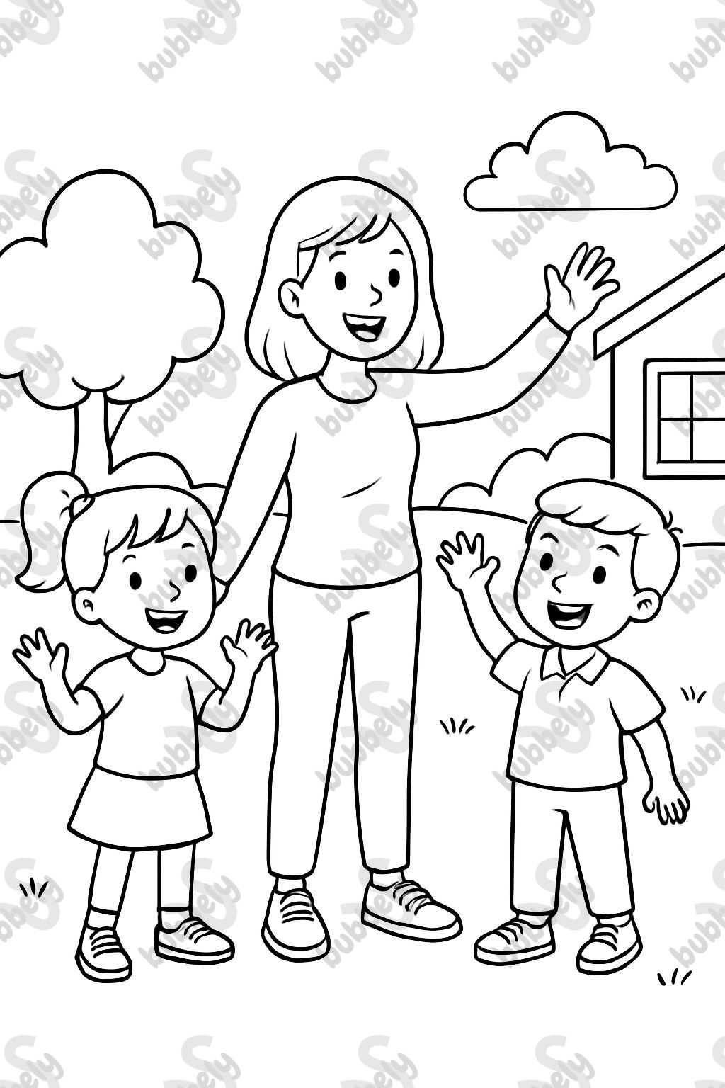 Eine junge Lehrerin mit schulterlangen Haaren, Langarmhemd, Hose und Turnschuhen, die mit einer Gruppe von Drittklässlern steht. Ein Schüler ist ein Mädchen mit einem Pferdeschwanz. Eine junge Lehrerin mit schulterlangen Haaren, Langarmhemd, Hose und Turnschuhen, die mit einer Gruppe von Drittklässlern steht. Ein Schüler ist ein Mädchen mit einem Pferdeschwanz.